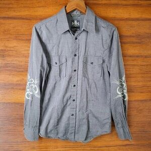 Gray Button-Up Shirt with Embroidered Sleeves